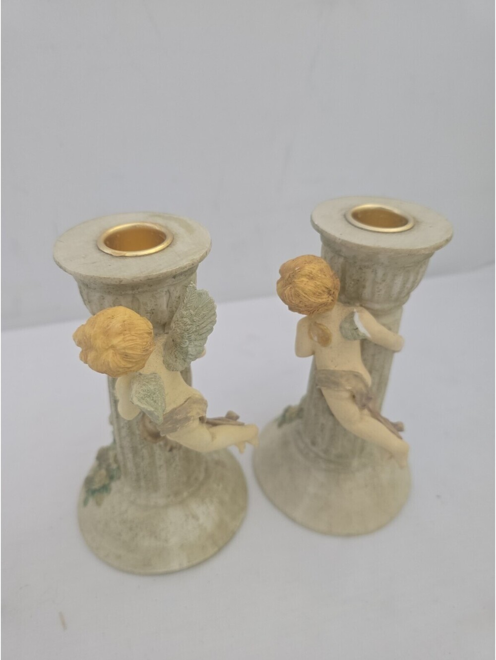 Vintage 6 1/2 in Pair Cherub Candle Holders Statue Velvet on bottom CUTE PERFECT